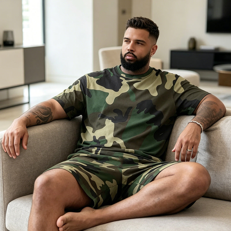 👕 50% DE RÉDUCTION ! 🌿 Ensemble T-shirt & Short imprimé camouflage pour hommes – Tissu en coton mélangé, coupe confortable et parfait pour l’extérieur, le sport ou les journées d’été décontractées 🩳