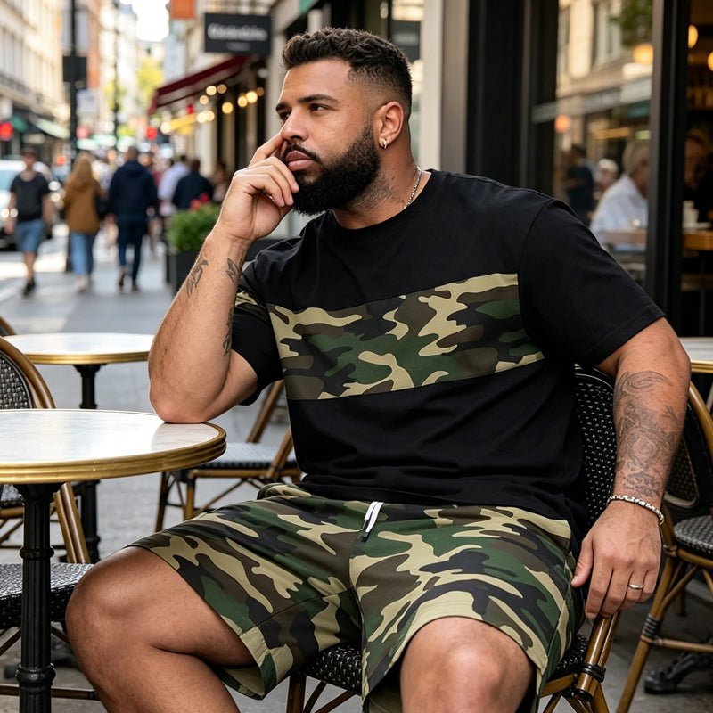 👕 50% DE RÉDUCTION ! 🌿 Ensemble T-shirt & Short imprimé camouflage pour hommes – Tissu en coton mélangé, coupe confortable et parfait pour l’extérieur, le sport ou les journées d’été décontractées 🩳