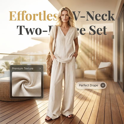 Ensemble 2 pièces décontracté pour femme – col en V, couleur unie
