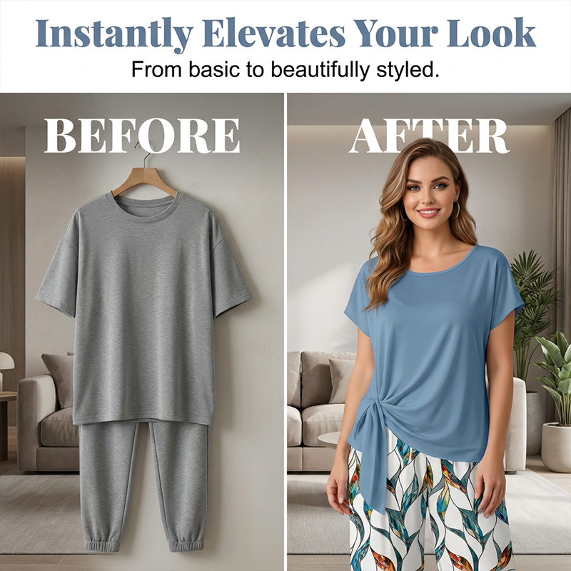 ⏰✨ PROMO FLASH 50% ! Ensemble Femme 2 Pièces – Haut à Nouer Côté & Pantalon Motif Botanique, Tissu Doux & Respirant, Style Chic Décontracté pour Maison & Sorties 🌿