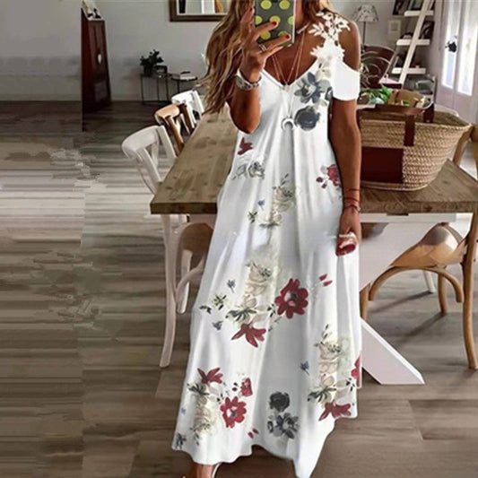👗✨Robe longue à fleurs pour femme, col en V et épaules dénudées
