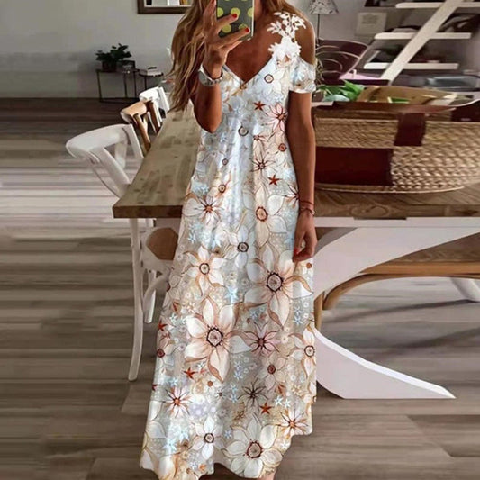 👗✨Robe longue à fleurs pour femme, col en V et épaules dénudées