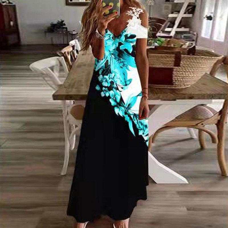 👗✨Robe longue à fleurs pour femme, col en V et épaules dénudées