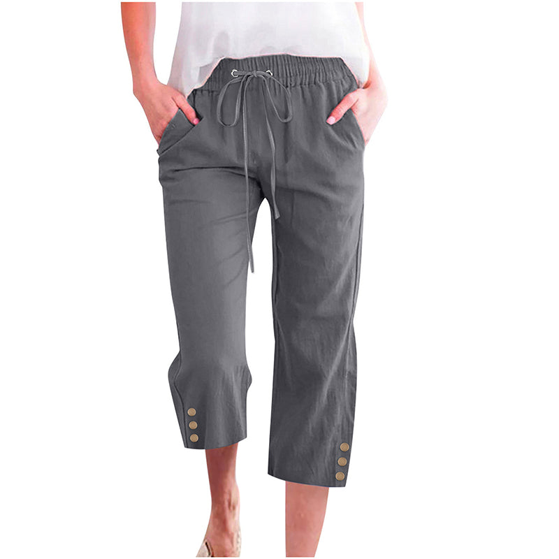 Pantacourt Femme en Coton et Lin Uni avec Cordon de Serrage
