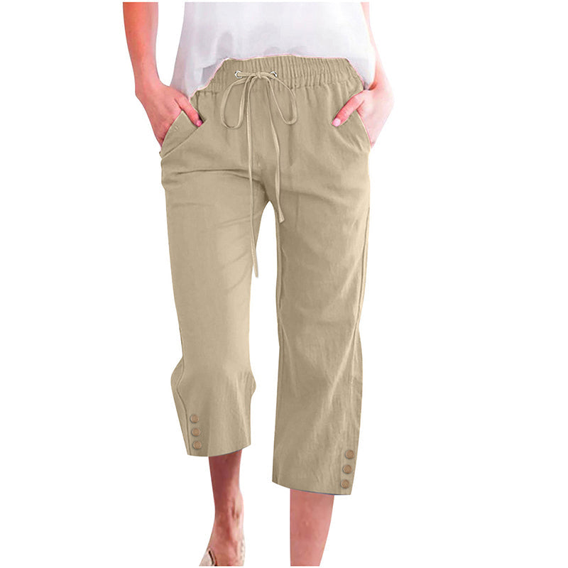 Pantacourt Femme en Coton et Lin Uni avec Cordon de Serrage