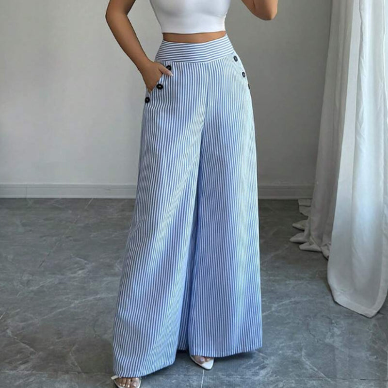 👖✨ PROMO LIMITÉE 50% DE RÉDUCTION ! Pantalon Taille Haute à Jambes Larges – Rayures Verticales Bleu & Blanc, Coupe Élégante, Bouts Décoratifs, Parfait pour Occasions Décontractées & Chic 🍃