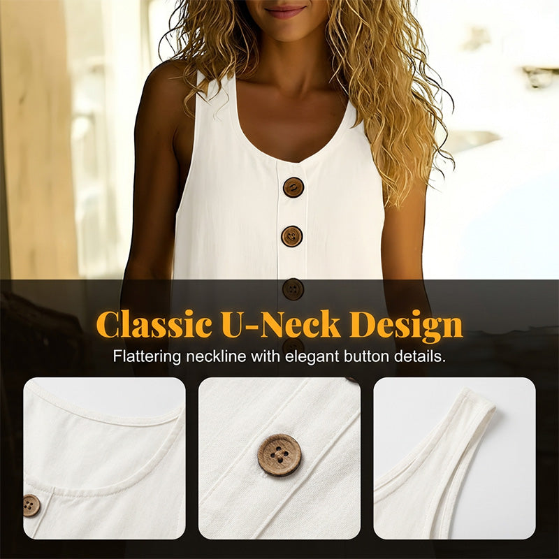 ⏰🔥OFFRE À DURÉE LIMITÉE : 50 % DE RÉDUCTION !🔥Robe sans manches en coton et lin à col rond, couleur unie, pour femme