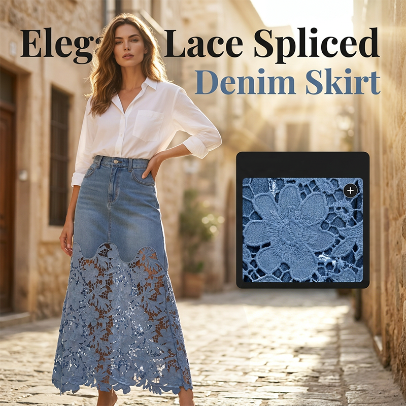 ✨👗Jupe moulante en jean pour femme avec bordure en dentelle ajourée