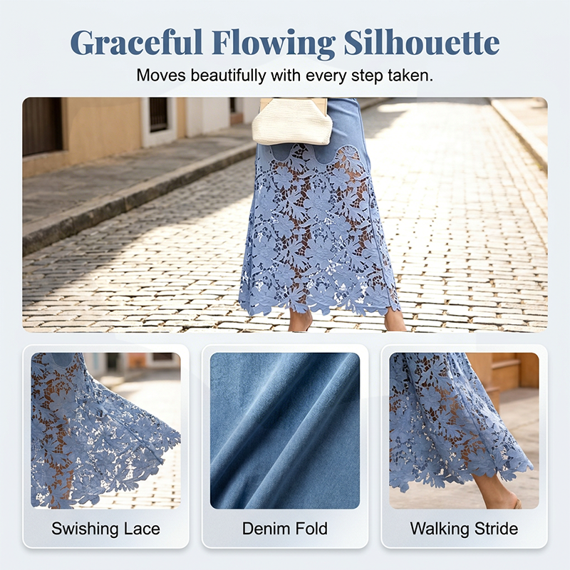 ✨👗Jupe moulante en jean pour femme avec bordure en dentelle ajourée