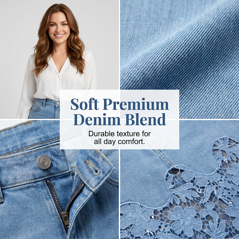 ✨👗Jupe moulante en jean pour femme avec bordure en dentelle ajourée