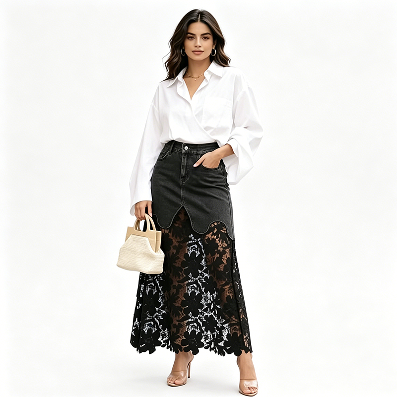 ✨👗Jupe moulante en jean pour femme avec bordure en dentelle ajourée