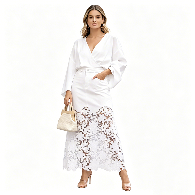 ✨👗Jupe moulante en jean pour femme avec bordure en dentelle ajourée