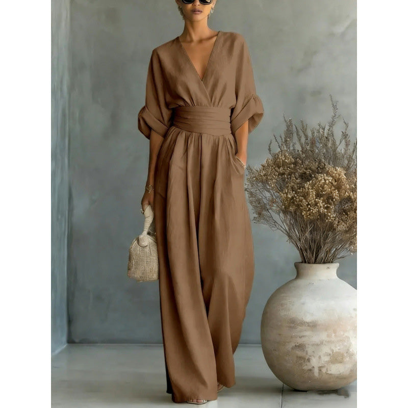 👗 60% DE RÉDUCTION 🌍 Combinaison ample à taille haute & encolure V pour femme – Fluide & légère – Parfaite pour l’été, les voyages ou un look décontracté chic – coupe flatteuse et confortable ✨