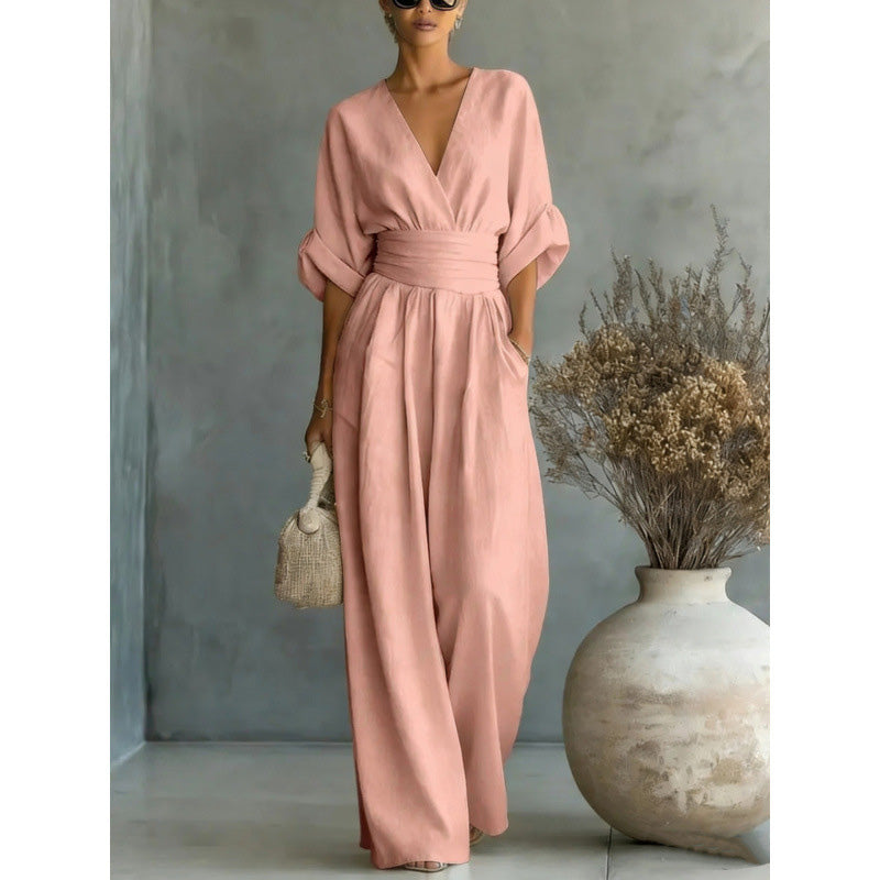 👗 60% DE RÉDUCTION 🌍 Combinaison ample à taille haute & encolure V pour femme – Fluide & légère – Parfaite pour l’été, les voyages ou un look décontracté chic – coupe flatteuse et confortable ✨