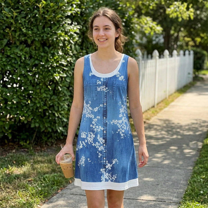 🔥 50 % DE RÉDUCTION 👗 Robe deux pièces à imprimé denim (imitation) ✨ Look superposé tendance, coupe élégante et confort tout au long de la journée 💙