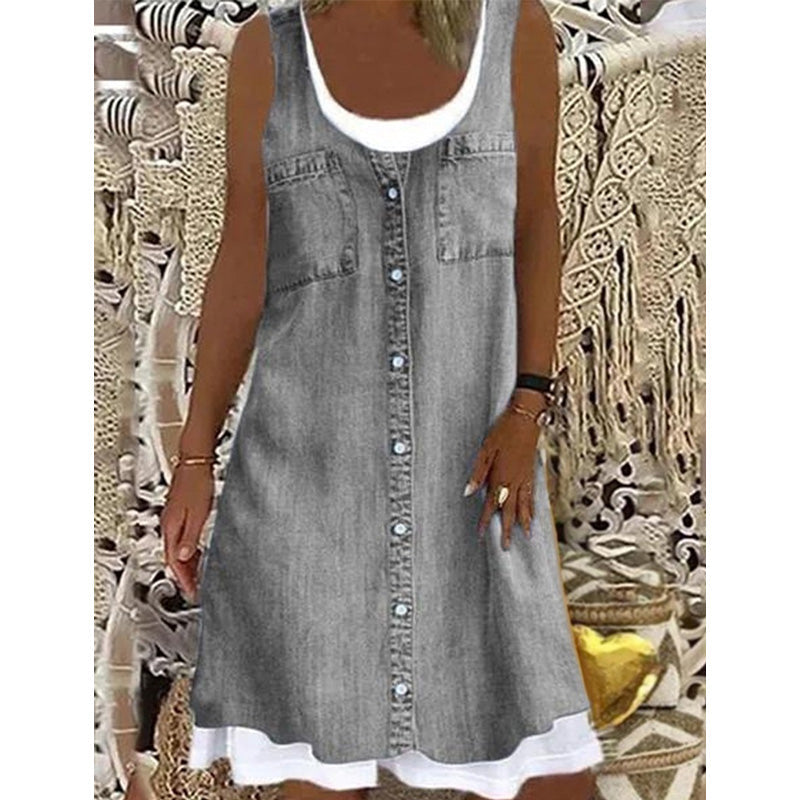 🔥 50 % DE RÉDUCTION 👗 Robe deux pièces à imprimé denim (imitation) ✨ Look superposé tendance, coupe élégante et confort tout au long de la journée 💙