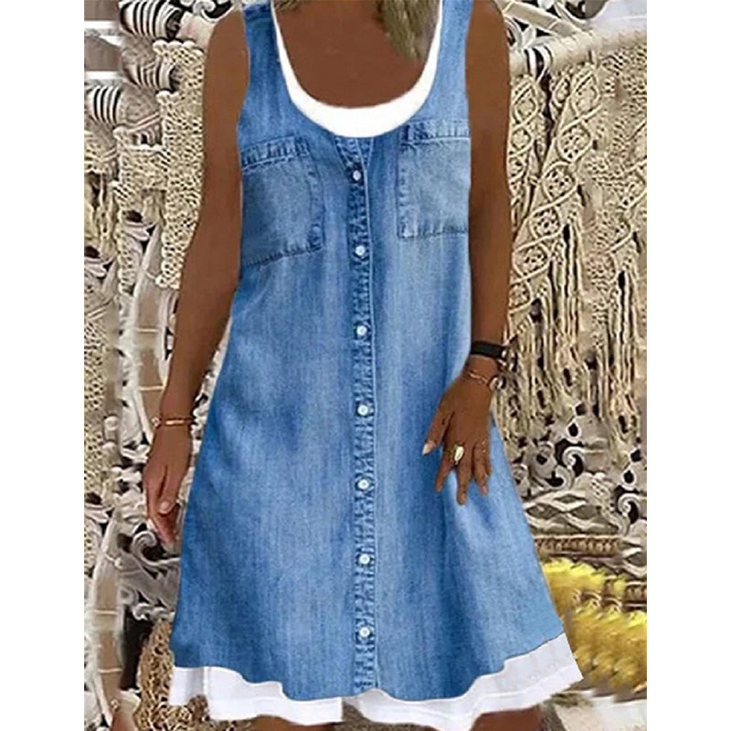 🔥 50 % DE RÉDUCTION 👗 Robe deux pièces à imprimé denim (imitation) ✨ Look superposé tendance, coupe élégante et confort tout au long de la journée 💙