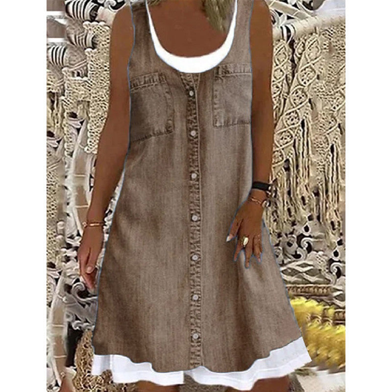 🔥 50 % DE RÉDUCTION 👗 Robe deux pièces à imprimé denim (imitation) ✨ Look superposé tendance, coupe élégante et confort tout au long de la journée 💙