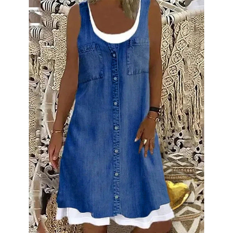 🔥 50 % DE RÉDUCTION 👗 Robe deux pièces à imprimé denim (imitation) ✨ Look superposé tendance, coupe élégante et confort tout au long de la journée 💙
