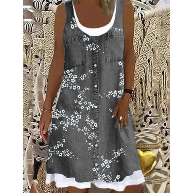 🔥 50 % DE RÉDUCTION 👗 Robe deux pièces à imprimé denim (imitation) ✨ Look superposé tendance, coupe élégante et confort tout au long de la journée 💙