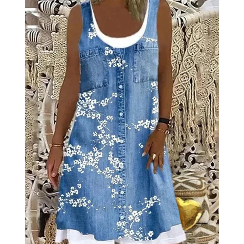 🔥 50 % DE RÉDUCTION 👗 Robe deux pièces à imprimé denim (imitation) ✨ Look superposé tendance, coupe élégante et confort tout au long de la journée 💙