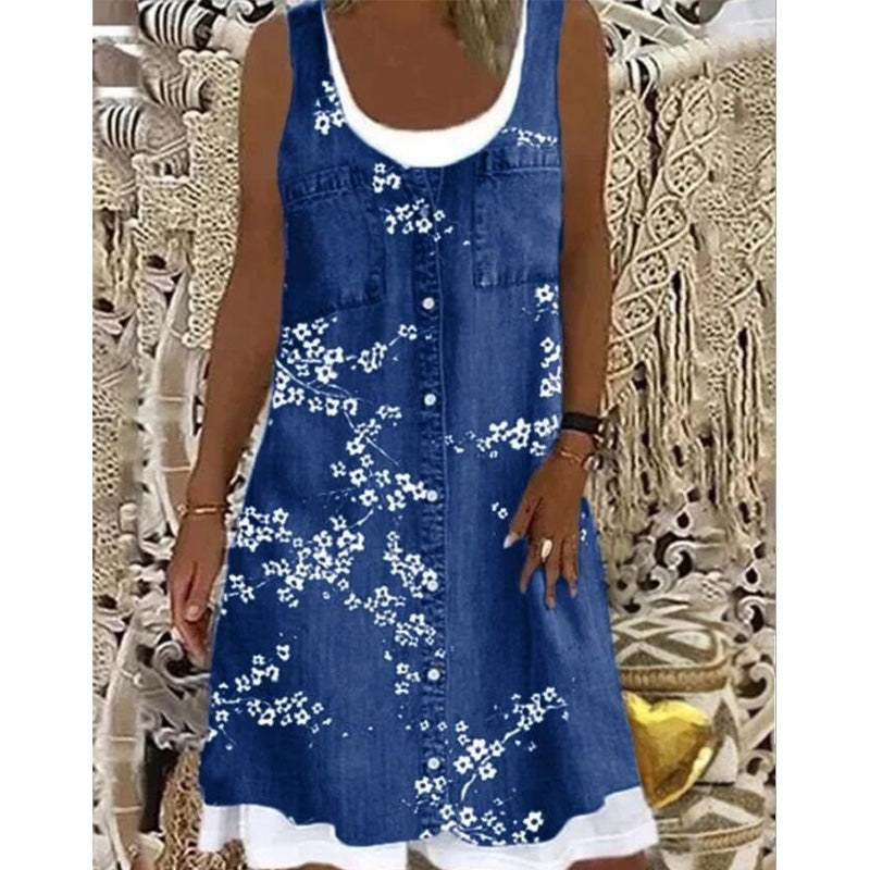 🔥 50 % DE RÉDUCTION 👗 Robe deux pièces à imprimé denim (imitation) ✨ Look superposé tendance, coupe élégante et confort tout au long de la journée 💙