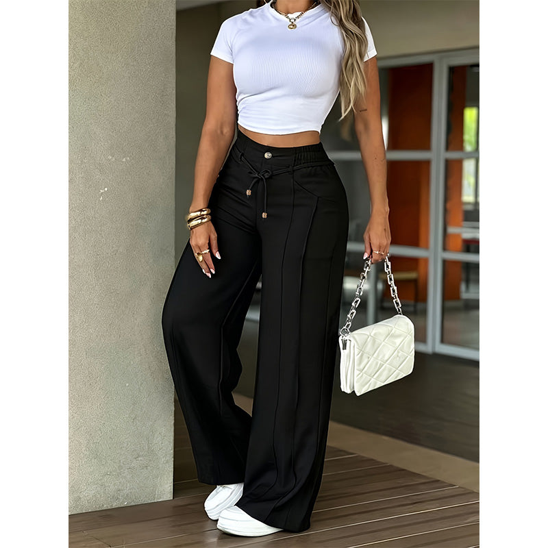 Pantalon Taille Haute Jambe Droite – Couture frontale, élastique dos & coupe flatteuse – Parfait pour un look élégant au quotidien 🌿