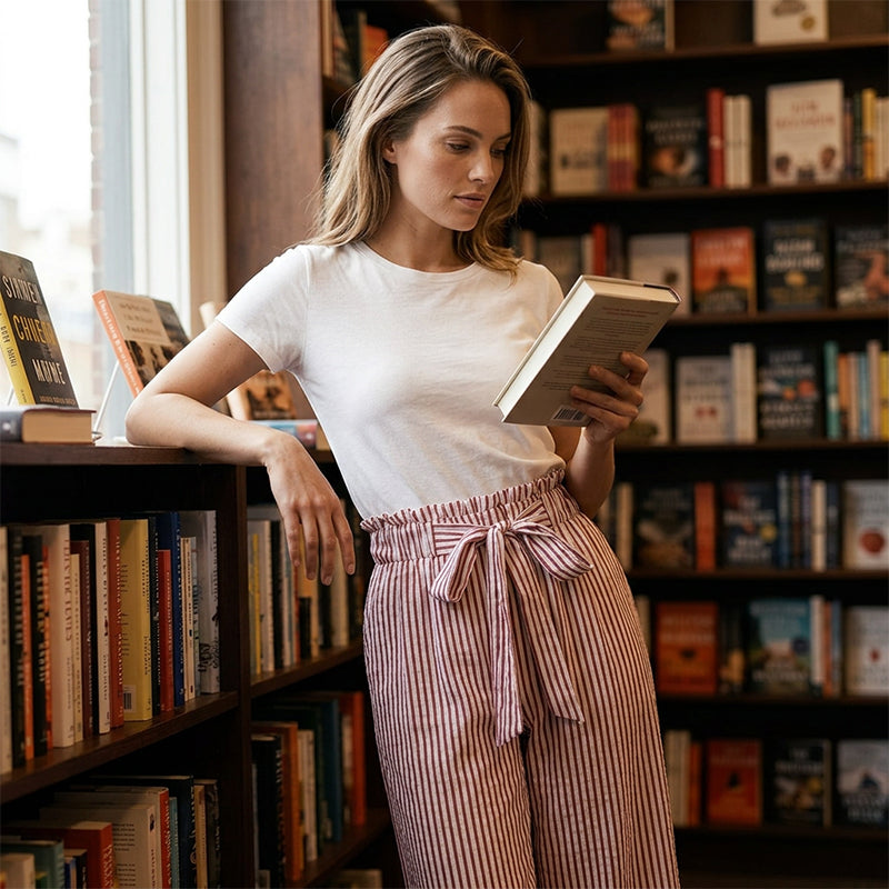Pantalon à jambes larges et taille haute à rayures pour femme