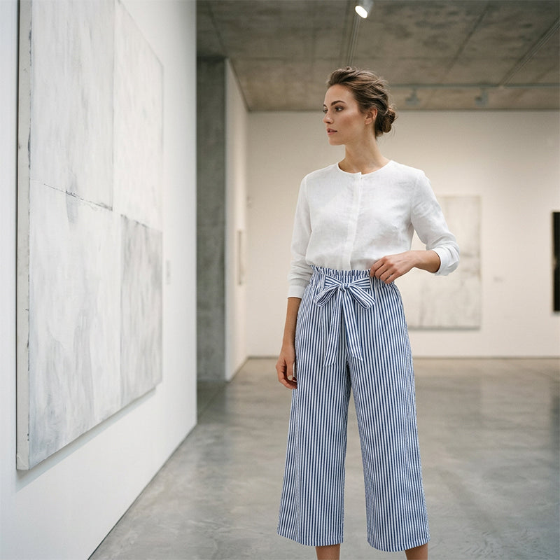Pantalon à jambes larges et taille haute à rayures pour femme
