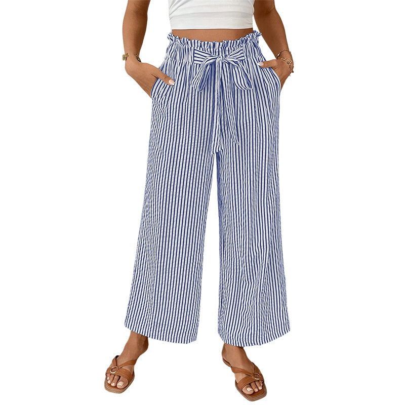Pantalon à jambes larges et taille haute à rayures pour femme