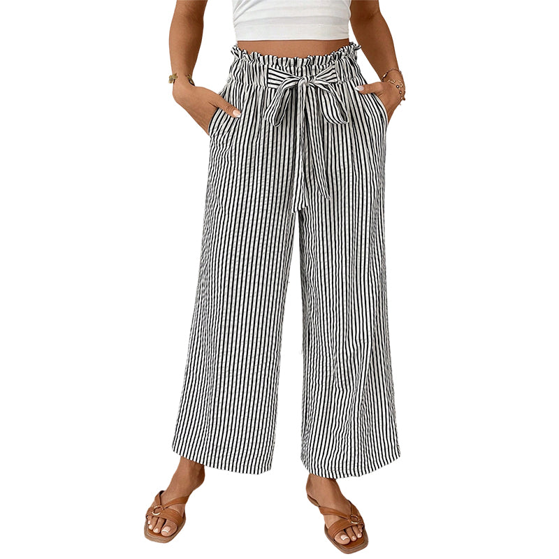 Pantalon à jambes larges et taille haute à rayures pour femme