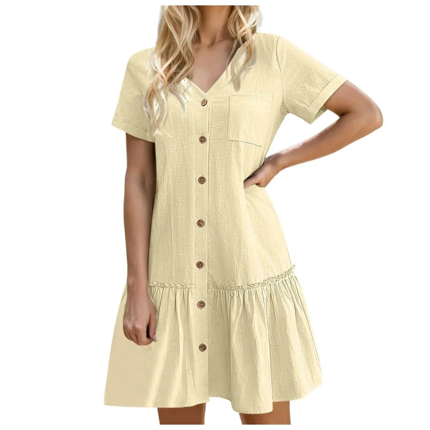 Robe à nouer pour femme, robe d'été ample en coton et lin, avec ourlet à volants, robe décontractée à manches courtes