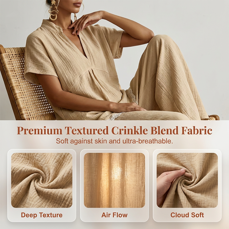 Ensemble d'intérieur pour femme composé d'un haut à col en V et d'un pantalon à jambes larges