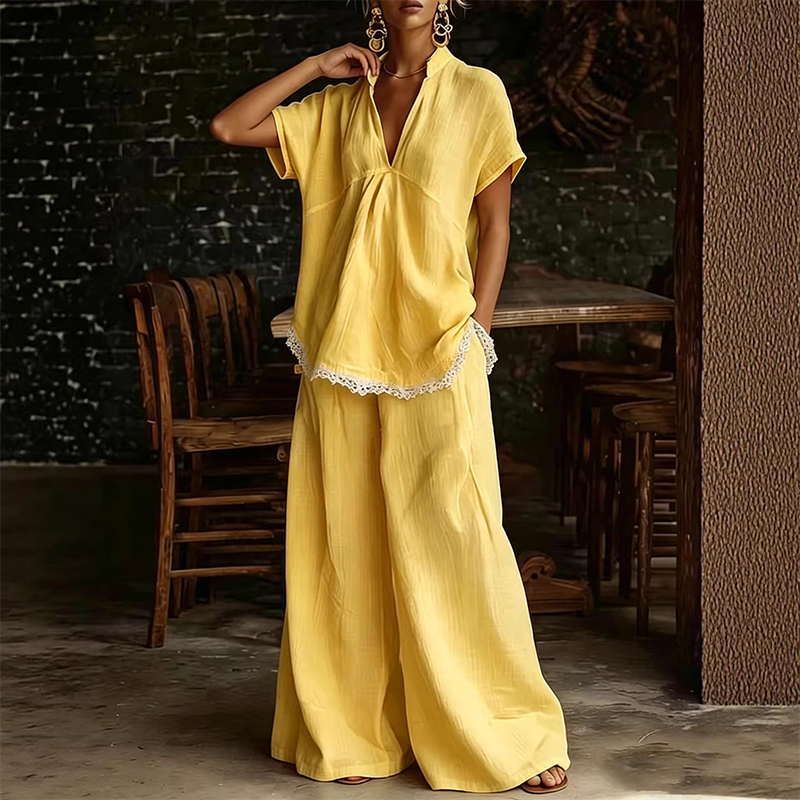 Ensemble d'intérieur pour femme composé d'un haut à col en V et d'un pantalon à jambes larges