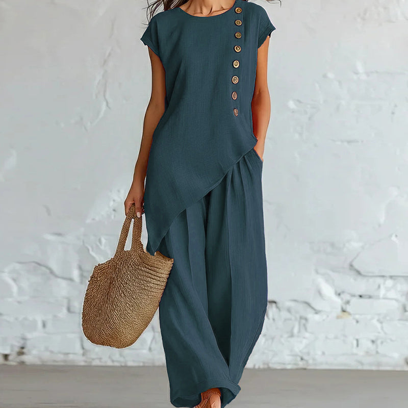 Ensemble 2 pièces pour femme : haut à ourlet asymétrique et pantalon