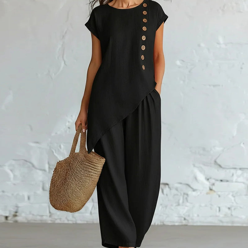Ensemble 2 pièces pour femme : haut à ourlet asymétrique et pantalon