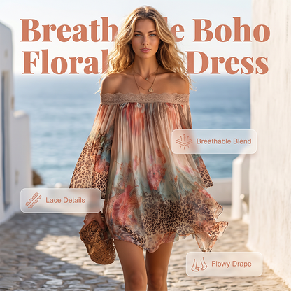 Mini-robe femme à épaules dénudées, imprimé floral et léopard