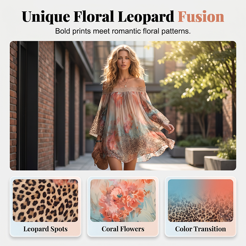 Mini-robe femme à épaules dénudées, imprimé floral et léopard