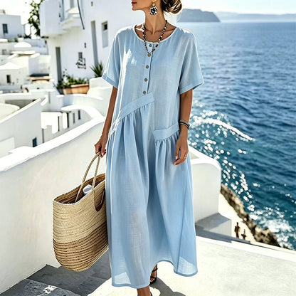 ⌛Offre à durée limitée – Robe longue à manches courtes et boutons sur le devant pour femme