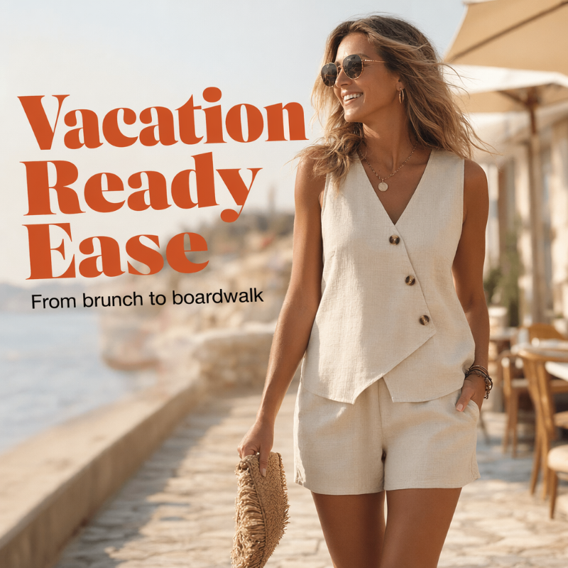 🔥-57%👗 Ensemble 2 Pièces Femme Gilet Sans Manches Col V à Boutons + Short Décontracté – Tissu Texturé Léger