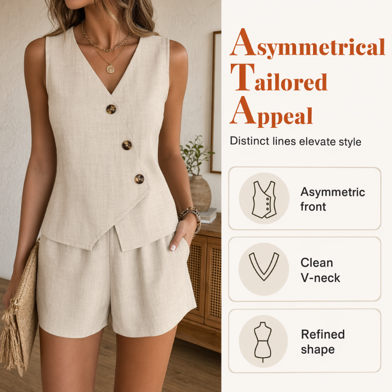 🔥-57%👗 Ensemble 2 Pièces Femme Gilet Sans Manches Col V à Boutons + Short Décontracté – Tissu Texturé Léger