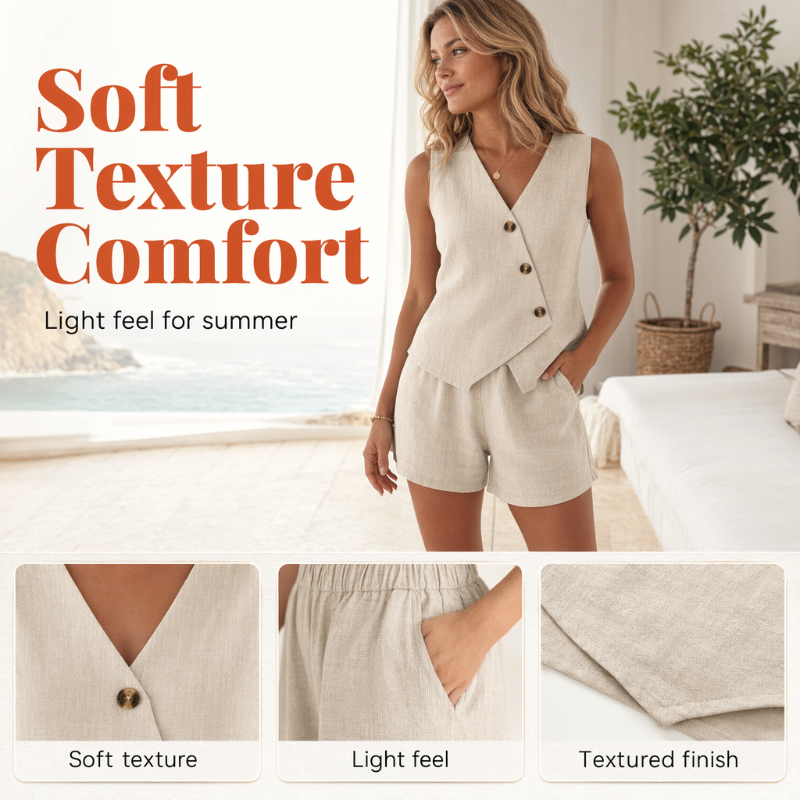 🔥-57%👗 Ensemble 2 Pièces Femme Gilet Sans Manches Col V à Boutons + Short Décontracté – Tissu Texturé Léger