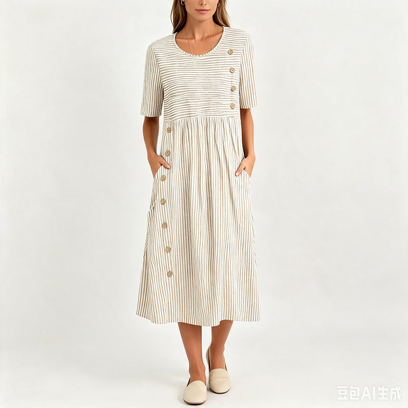 🌀 50% DE RÉDUCTION! 👗 Robe Rayée Coupe Ample – Rayures douces, confortable & décontractée – Parfaite pour un style quotidien sans effort ☁️