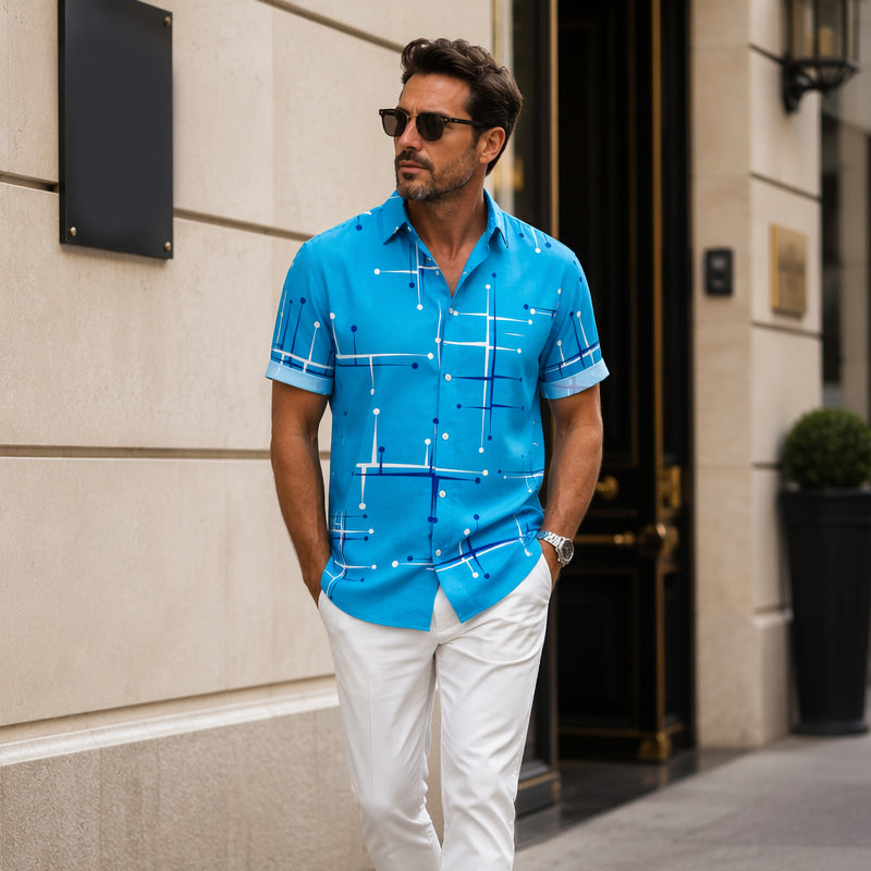 👔 -50% ! 📐 Chemise Homme à Imprimé Géométrique – Coupe Décontractée & Manches Courtes – Tissu Doux & Tombant Fluide pour Plage et Vacances 🌴