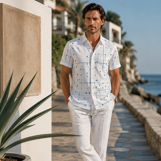 👔 -50% ! 📐 Chemise Homme à Imprimé Géométrique – Coupe Décontractée & Manches Courtes – Tissu Doux & Tombant Fluide pour Plage et Vacances 🌴
