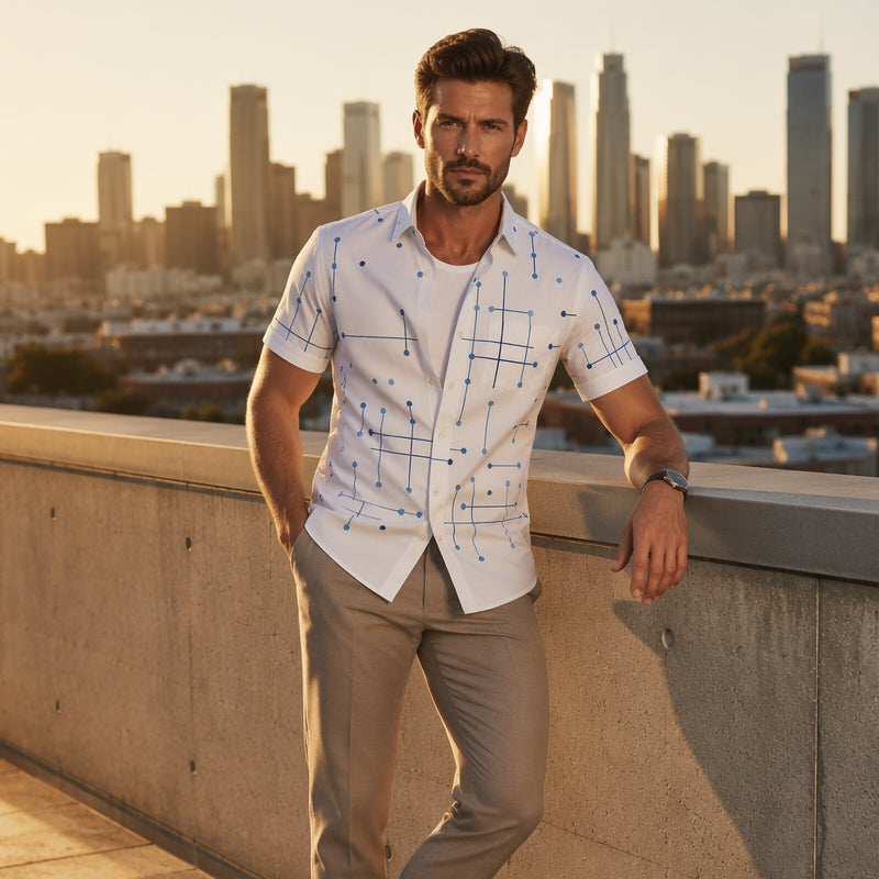 👔 -50% ! 📐 Chemise Homme à Imprimé Géométrique – Coupe Décontractée & Manches Courtes – Tissu Doux & Tombant Fluide pour Plage et Vacances 🌴
