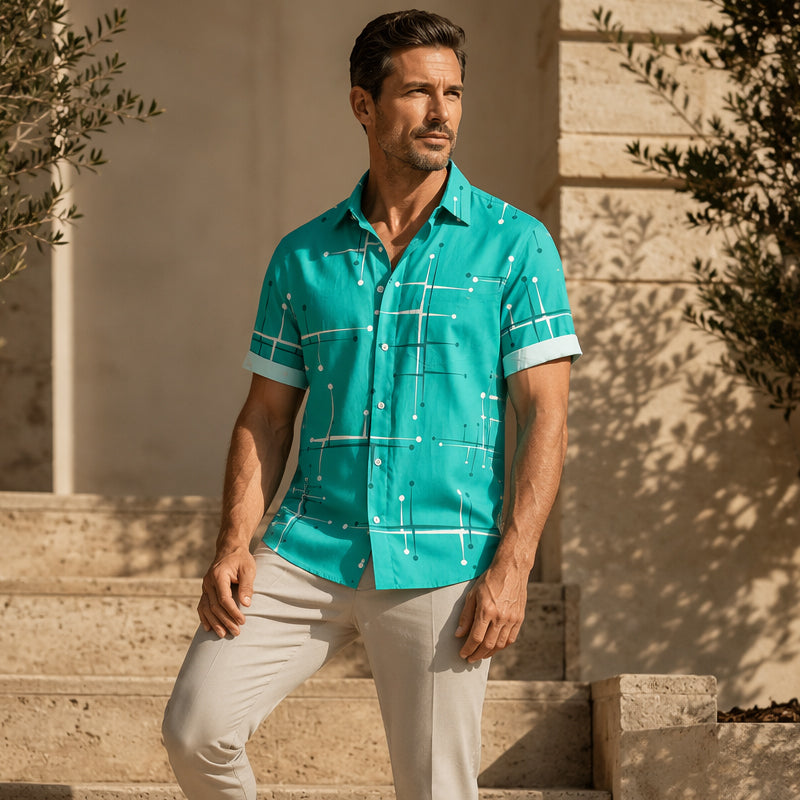 👔 -50% ! 📐 Chemise Homme à Imprimé Géométrique – Coupe Décontractée & Manches Courtes – Tissu Doux & Tombant Fluide pour Plage et Vacances 🌴