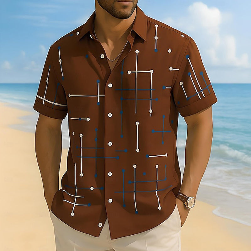 👔 -50% ! 📐 Chemise Homme à Imprimé Géométrique – Coupe Décontractée & Manches Courtes – Tissu Doux & Tombant Fluide pour Plage et Vacances 🌴