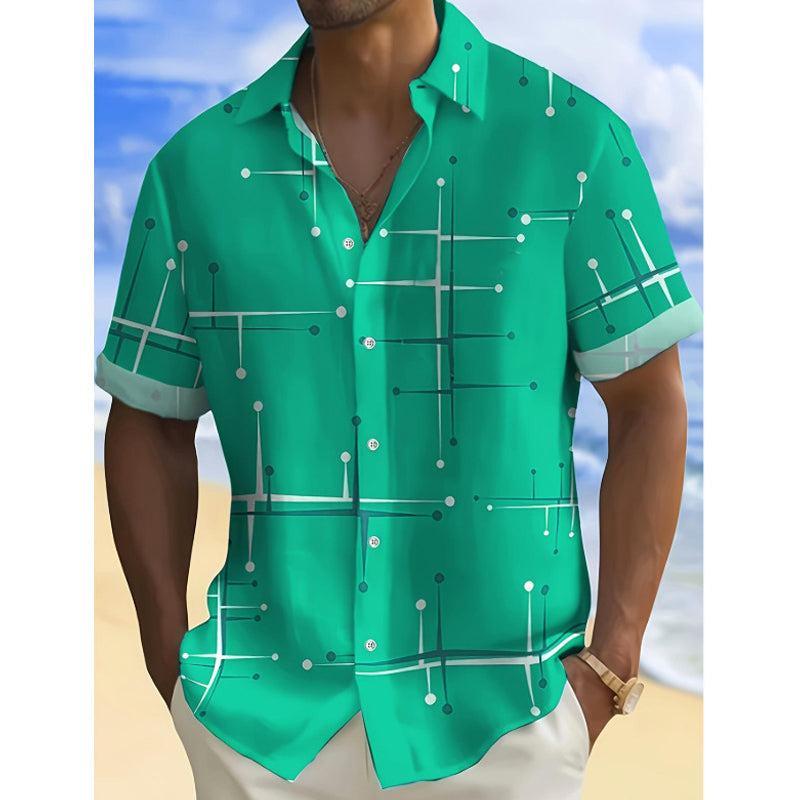 👔 -50% ! 📐 Chemise Homme à Imprimé Géométrique – Coupe Décontractée & Manches Courtes – Tissu Doux & Tombant Fluide pour Plage et Vacances 🌴