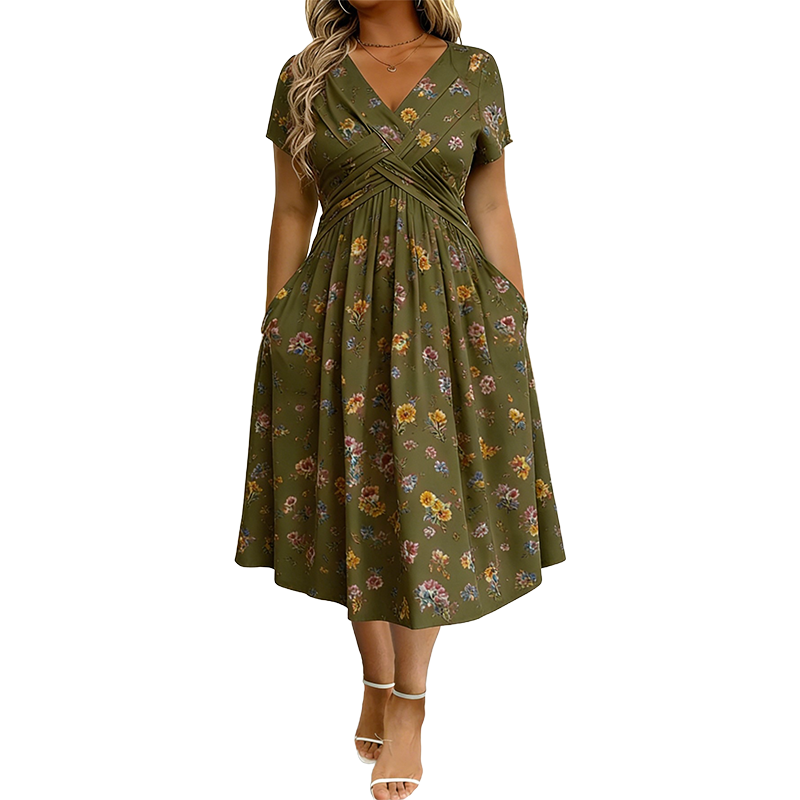 🌺👗Damenkleid mit V-Ausschnitt, Blumenmuster und gedrehter Taille